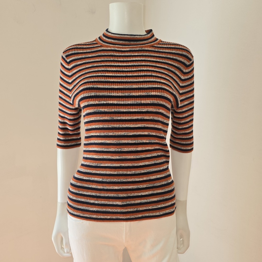 Madewell Ribbed Mockneck Sweater Top Size M Stripe Stretch Merino Wool Blend